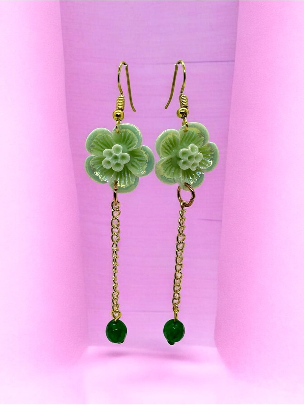 Handmade Green Flower Dangle Earrings Gold Chain Floral Drop Jewelry